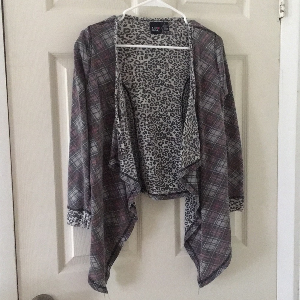 Plaid/cheetah print cardigan.